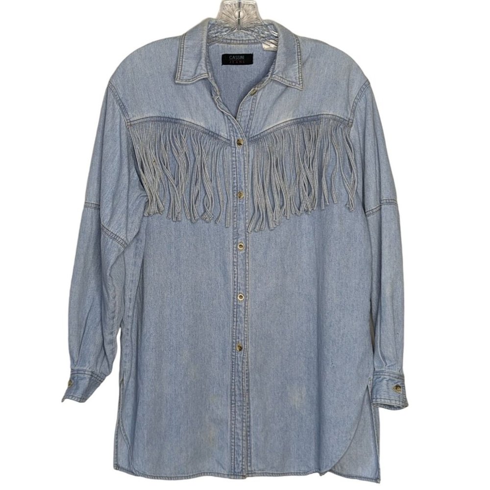 CASSINI Jeans long sleeve light blue fringe Cowgirl Western Vintage Shirt M